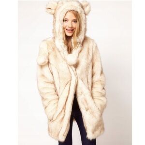 ASOS faux fur jacket coat cute bear hood cozy warm snow